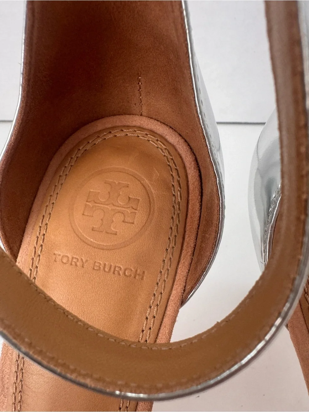 Tory Burch Ellie 85mm Silver Metallic Tan Suede Ankle Strap Sandals Heels 7M